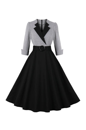 Long Sleeves Plaid Swing 1950s Dress with Belt